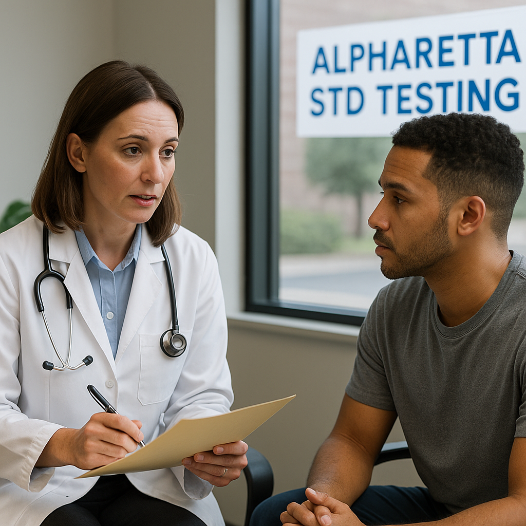 Doctor in Alpharetta GA reviewing STD test results with a patient in a private clinic office